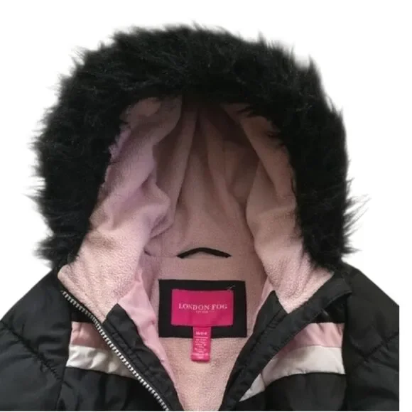 London Fog Black and Pink Girls' Puffer Jacket with Faux Fur Hood - Picture 2 of 3
